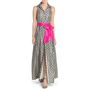 Eliza J Gingham Checkered Hot Pink Sash Button Down Sleeveless Dress NWOT 4